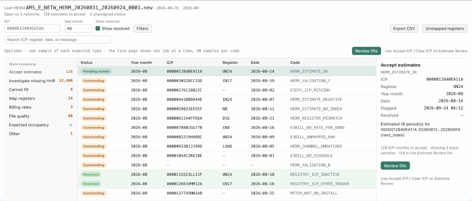 TOU Router™ issues register showing work categories, issue statuses and the detail used to review exceptions.